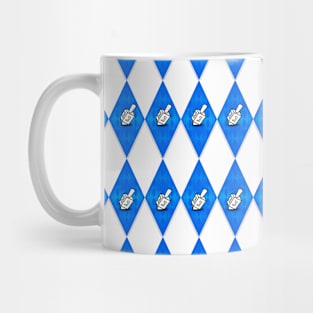 Hanukkah Dreidel Argyle Pattern in Blue Silver and White Mug